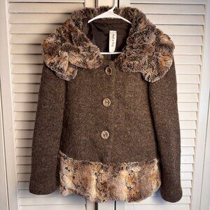Italian Medium brown Wool  blendJacket With Faux Fur Collar & Trim Button Front